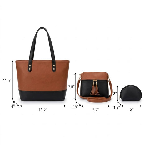 Grace 3 Pcs Brown and Black Handbag Set for Women