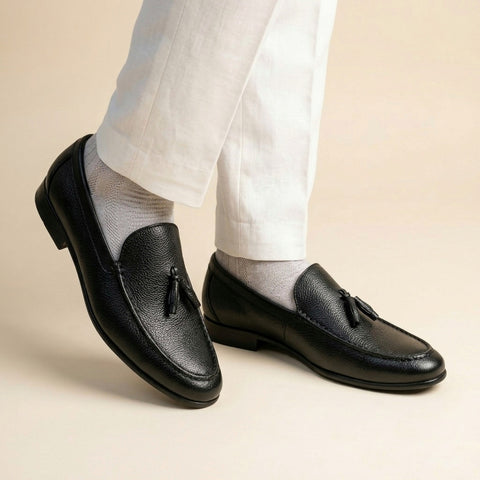 Italian Leather Tassel Loafer - Black