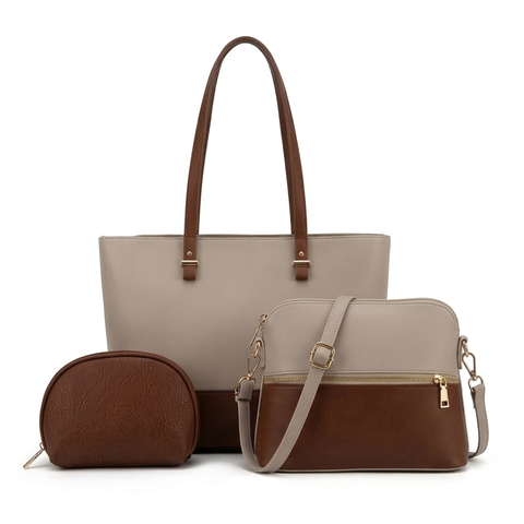 Set of three handbags in brown and beige on a white background