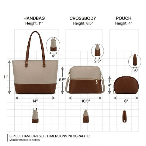 Dimensions of a 3 piece handbag set with a tote, crossbody, and pouch.