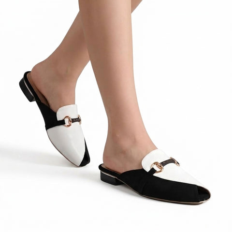 Horsebit Mules - Black/White
