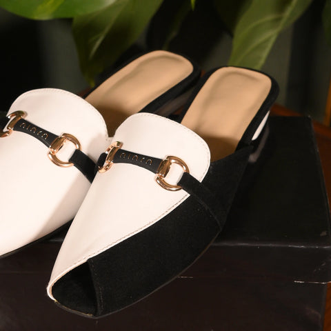 Horsebit Mules - Black/White
