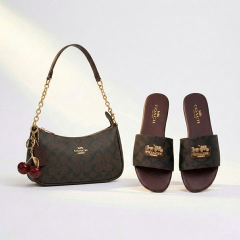Coach Cross Body + Slides + Cherry Keychain - Brown