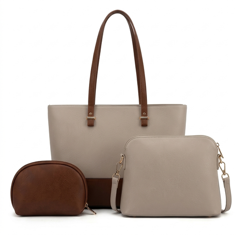 Set of three bags including a large tote, medium pouch, and small pouch on a white background